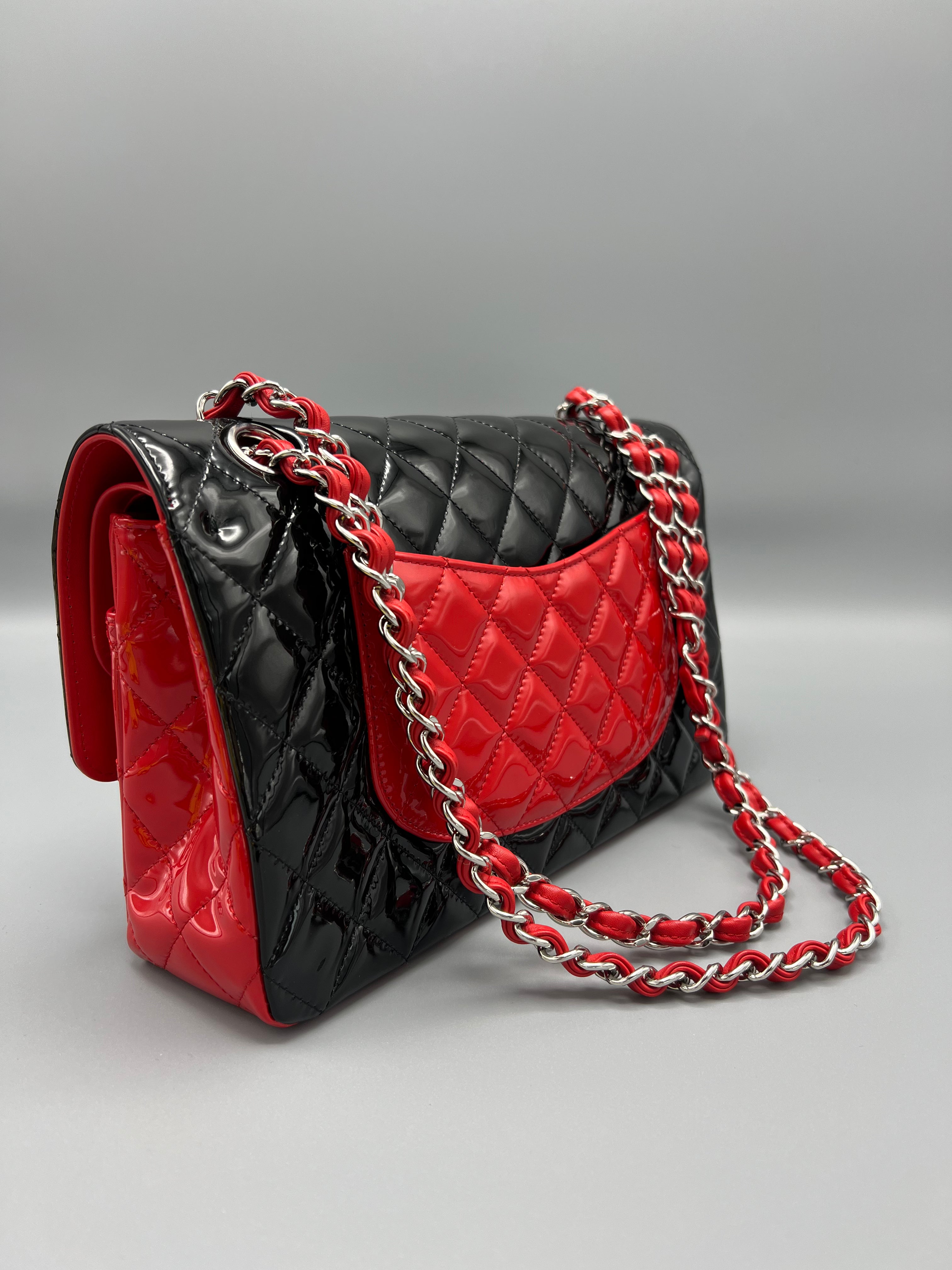 Pre-loved Black and Red Patent Chanel Medium Classic Flap Bag