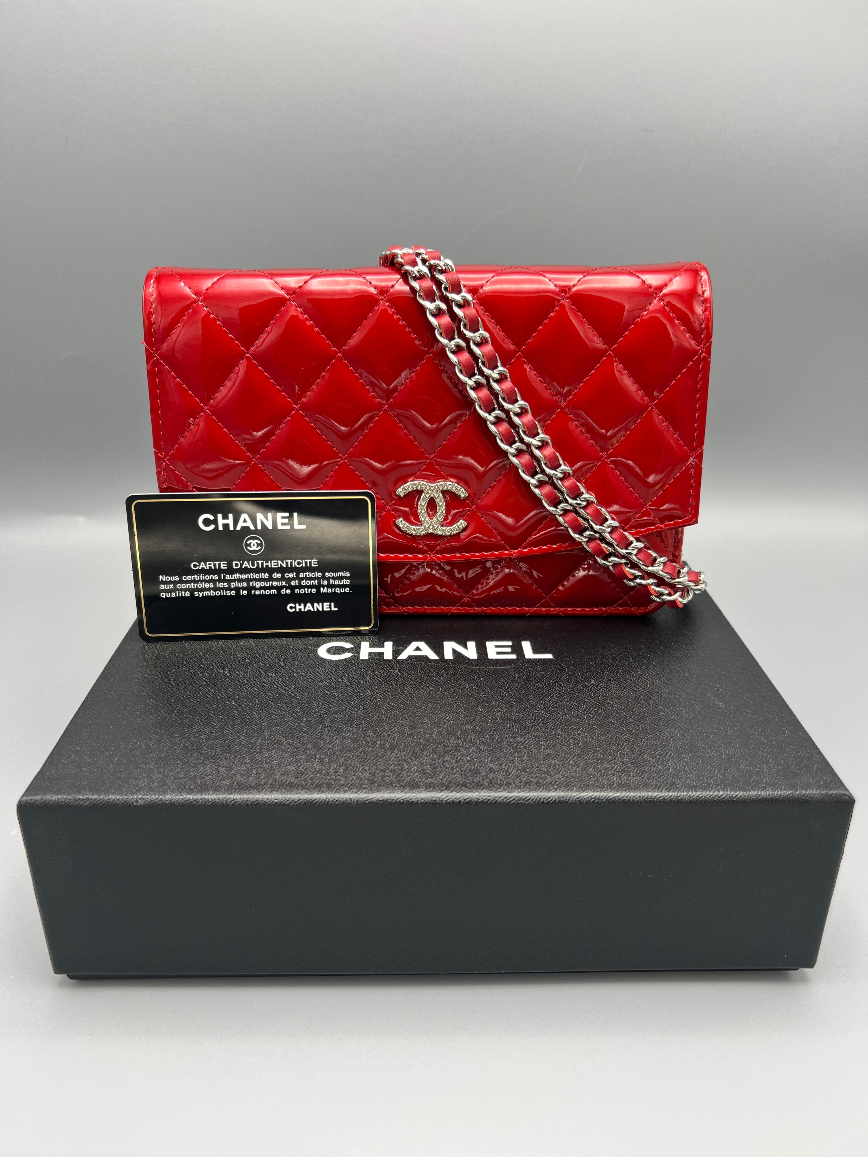 Pre-loved Chanel Quilted Red Patent Wallet on chain (WOC)
