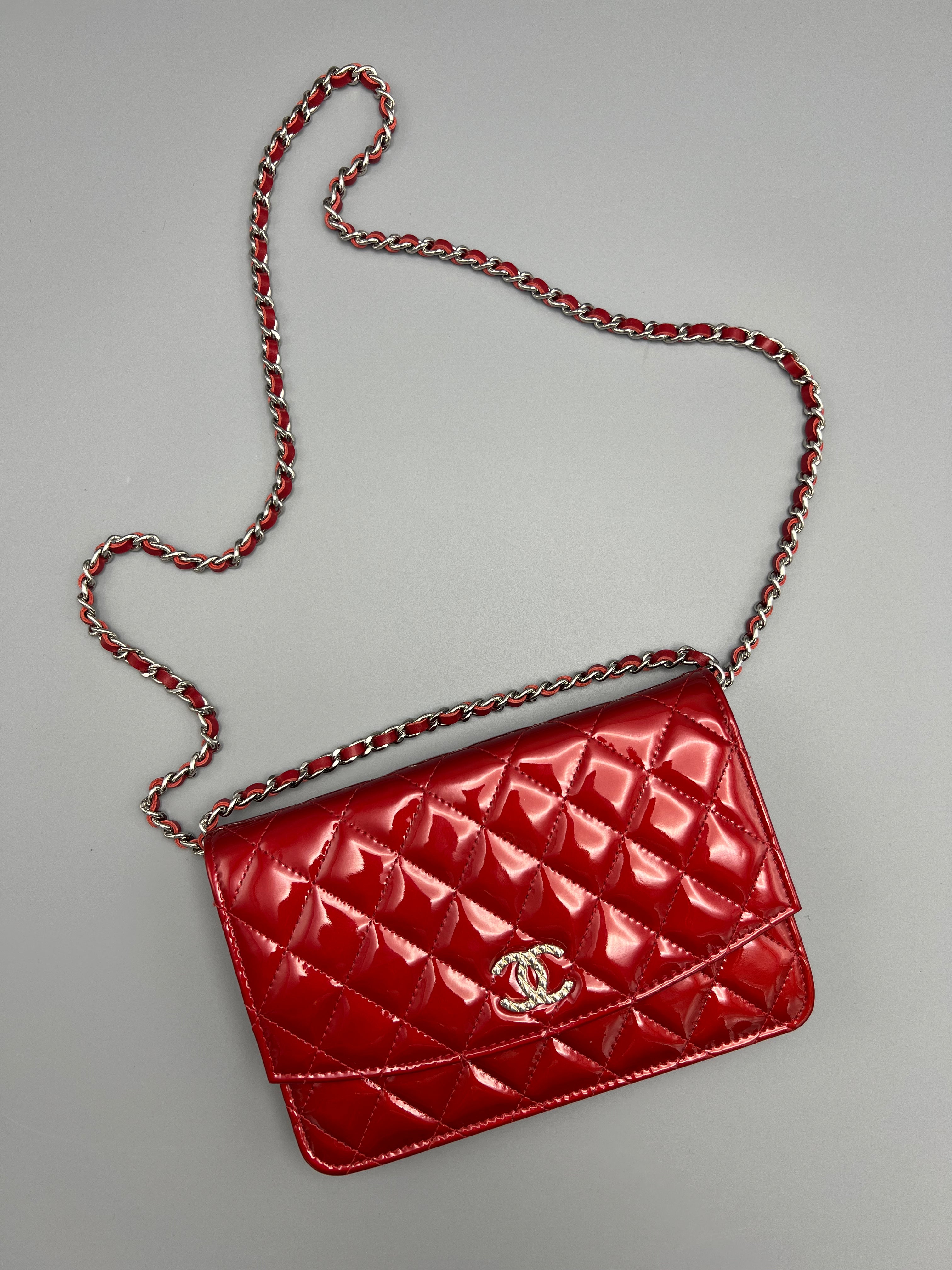 Chanel Quilted Red Patent Wallet on chain (WOC)